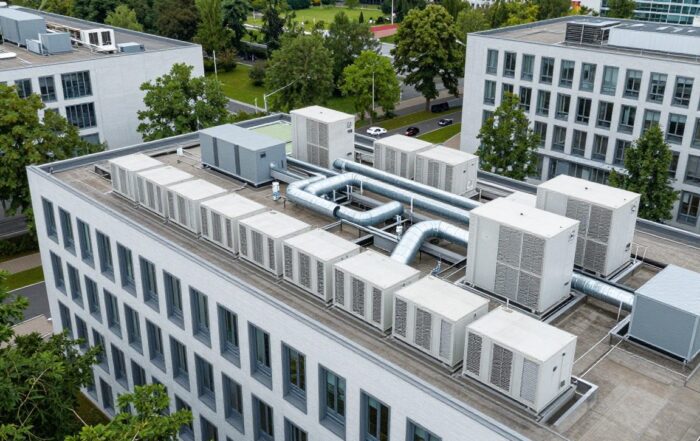 Weitwinkelaufnahme eines modernen deutschen Bürogebäudes mit integrierten HLK-Anlagen auf dem Dach und sichtbaren Rohrleitungen, umgeben von üppigem Grün