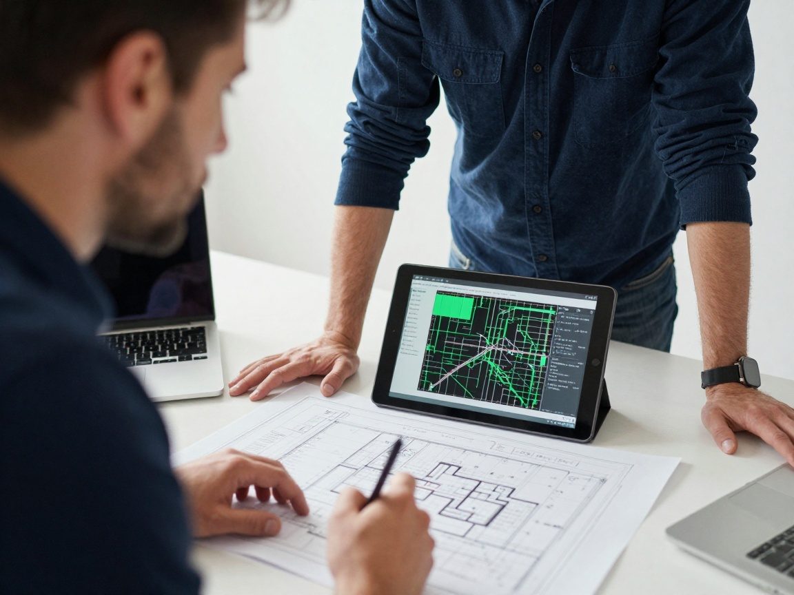 Zwei Fachleute – Bauleiter und Projektmanager – diskutieren an einem Tisch mit gedruckten Plänen und Tablet in realistischem deutschem Büro