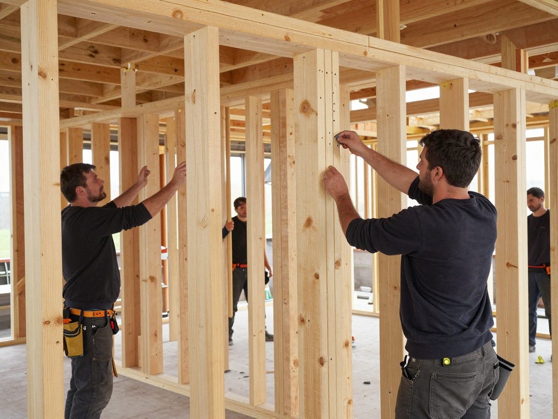 Arbeiter setzen einen Holzrahmen an einer Baustelle in Deutschland zusammen, Schrauben und Winkel verbinden die Bauteile exakt