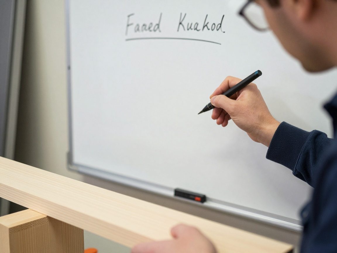 Hand eines Ingenieurs schreibt Berechnungen auf ein Whiteboard neben einem Holzbalkenmodell in einer realistischen deutschen Werkstatt