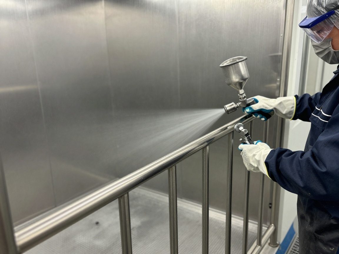 Eisenarbeiter sprüht mit Schutzhandschuhen und Schutzbrille ein Edelstahlgeländer in einem Spritzschleusebereich ab, um es vor Korrosion zu schützen.