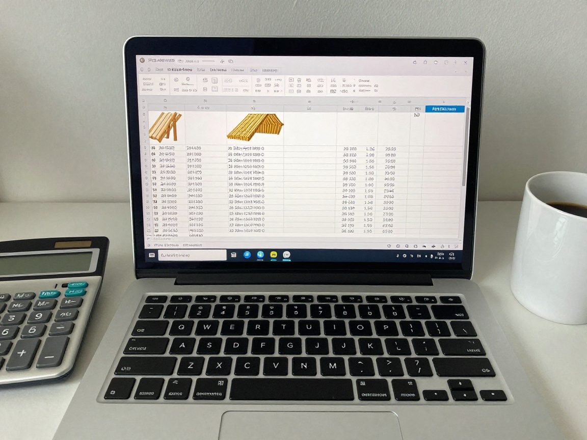 Offener Laptop zeigt Tabellenkalkulation mit Aufschlüsselung von Material- und Arbeitskosten für Markisen, neben Rechner und Kaffeetasse in deutschem Büro