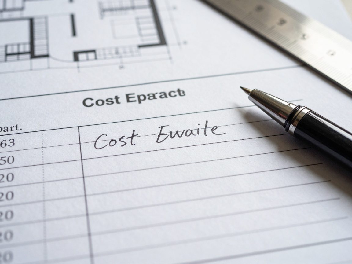 Nahaufnahme einer handgeschriebenen Kostenvoranschlagsliste auf hochwertigem Papier mit Stift und Lineal daneben, Hintergrund ein schwacher Raumplan