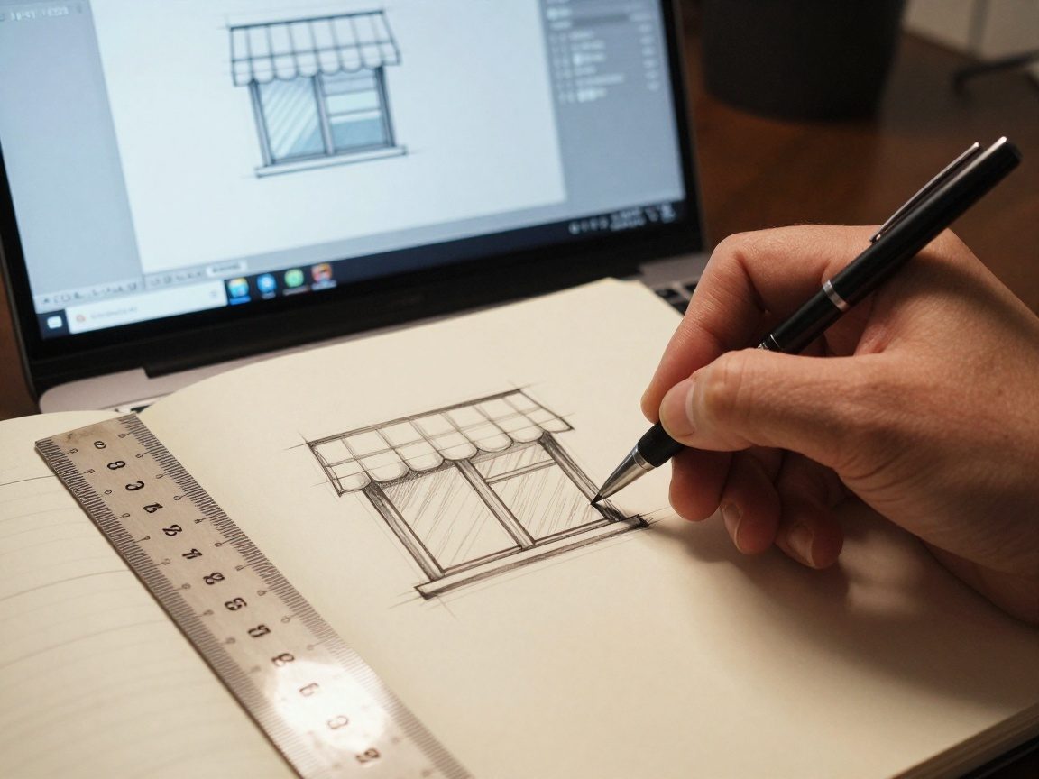 Eine Hand zeichnet mit Lineal und Stift einen Fensterplan auf einem Notizzettel, neben dem ein Laptop mit Markisen-Designsoftware angezeigt wird.