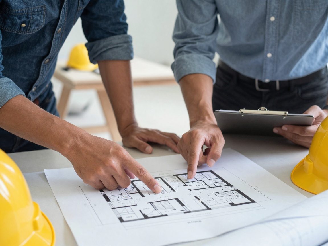 Architekt mit Bauhelm und Kunde mit Klemmbrett diskutieren einen Grundriss auf einem Tisch, Fokus auf Händen, Baustoffe im Hintergrund