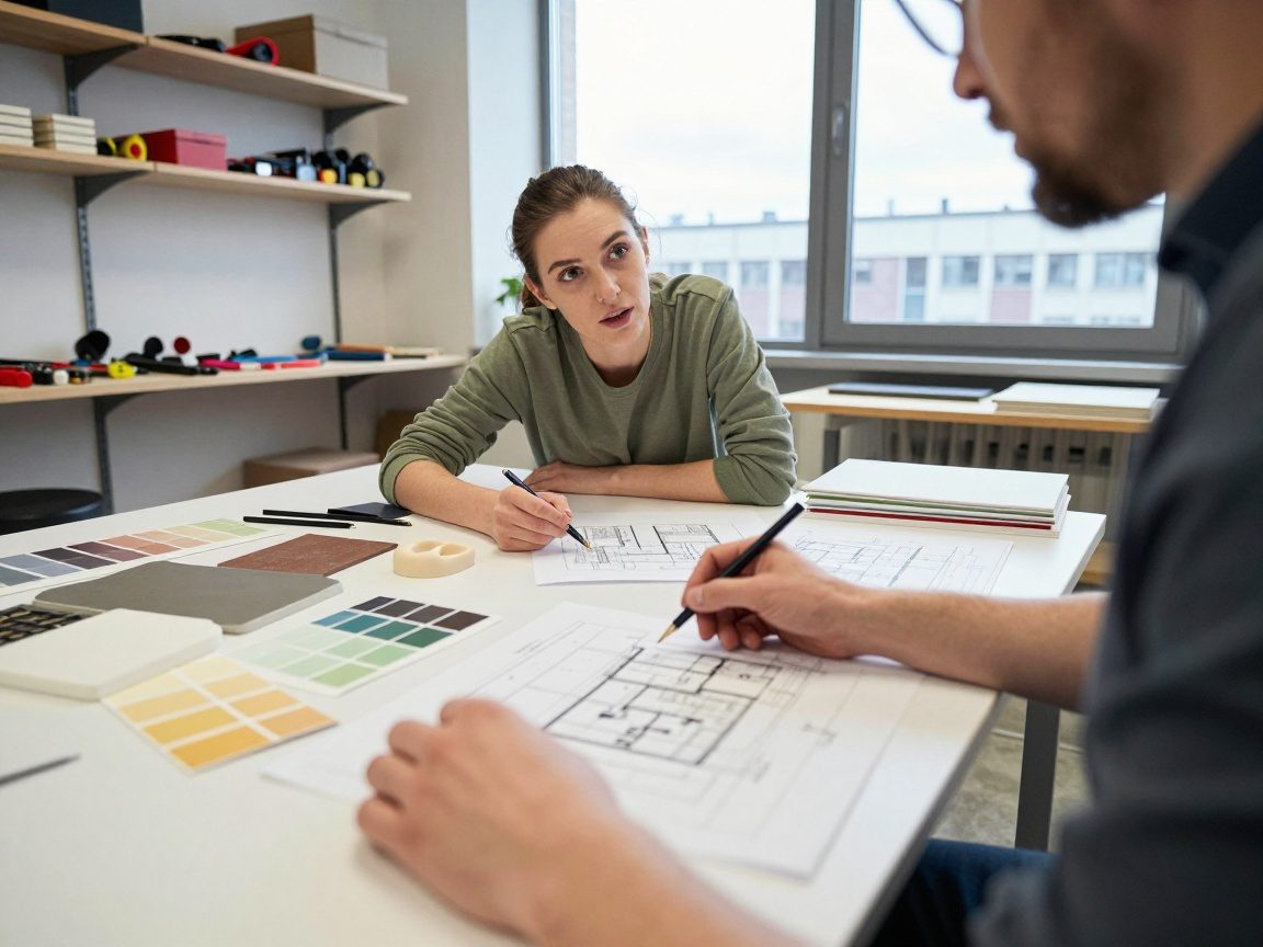 Stukkateur bespricht Pläne mit Kunde vor Tisch voller Baupläne und Tapetenproben in deutschem Werkstattbüro