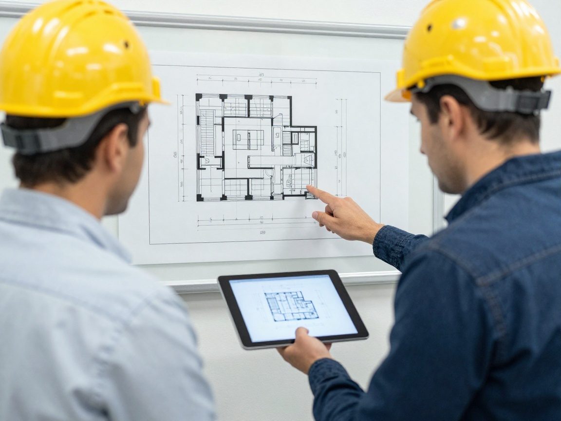 Ingenieur in Schutzhelm zeigt einem Kunden ein Wärmediagramm auf Tablet, im Büro mit deutschen Bauplänen.