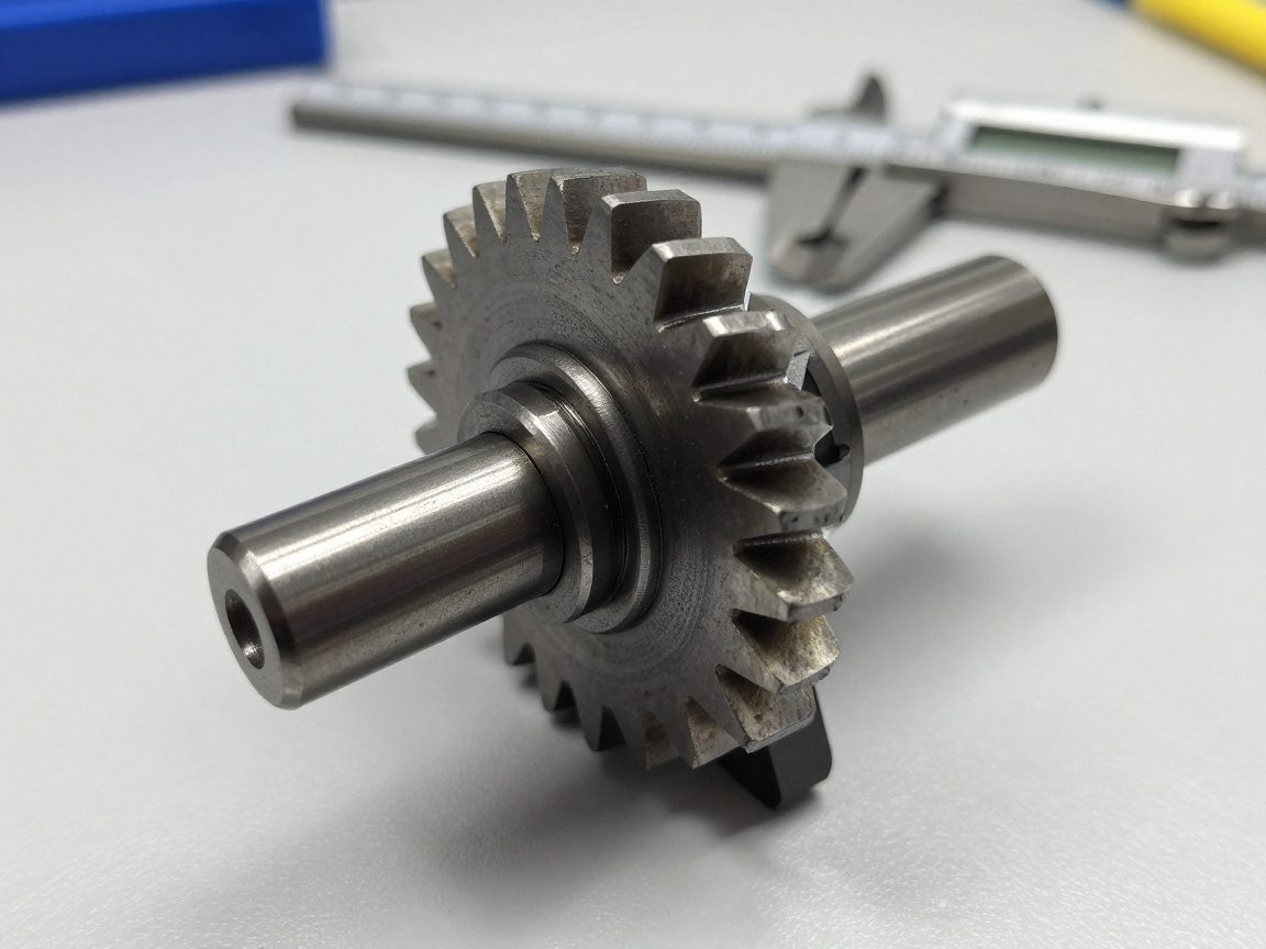 Detailaufnahme eines POM‑Gears auf einem Metallachse, Seite sichtbar mit Zahnprofil und leichtem Glanz, vor sauberer Werkbank und Messschieber