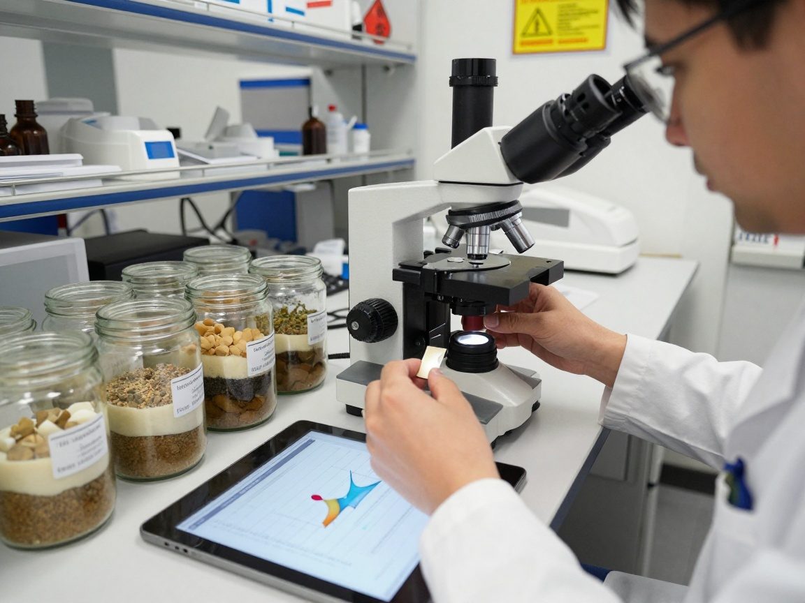 Nahaufnahme eines Labortisches in Deutschland mit Glasbehältern, die Sedimentschichten zeigen; Techniker im weißen Kittel nutzt ein Mikroskop und ein Tablet zeigt Körnungskurven.