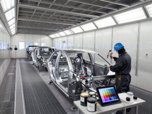 Techniker in Schutzkleidung sprüht Farbe auf Metallrahmen in einer modernen deutschen Lackierhalle