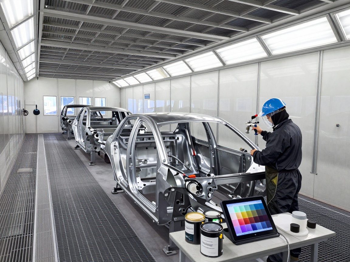 Techniker in Schutzkleidung sprüht Farbe auf Metallrahmen in einer modernen deutschen Lackierhalle