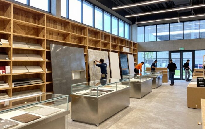 Weitwinkelaufnahme moderner Ladenbaufassade mit Holzregalen, Edelstahlarmaturen, Glasvitrinen und natürlichem Licht auf Baustelle in Deutschland