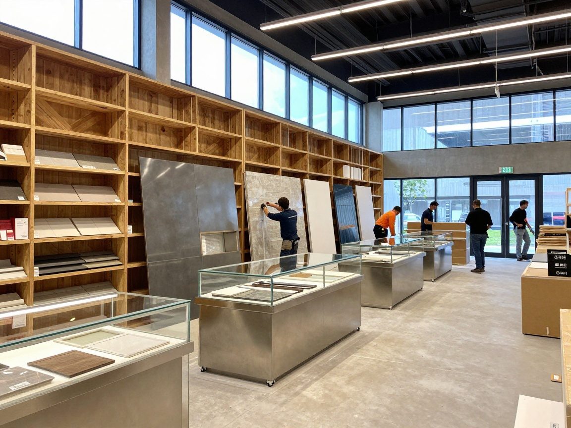 Weitwinkelaufnahme moderner Ladenbaufassade mit Holzregalen, Edelstahlarmaturen, Glasvitrinen und natürlichem Licht auf Baustelle in Deutschland