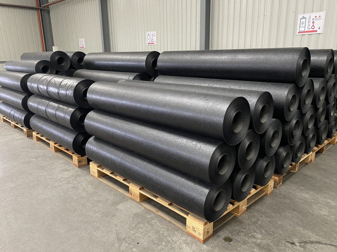 Innenlager mit Bitumenrollen auf Paletten, abgedeckt und temperaturkontrolliert in einem deutschen Industriebereich