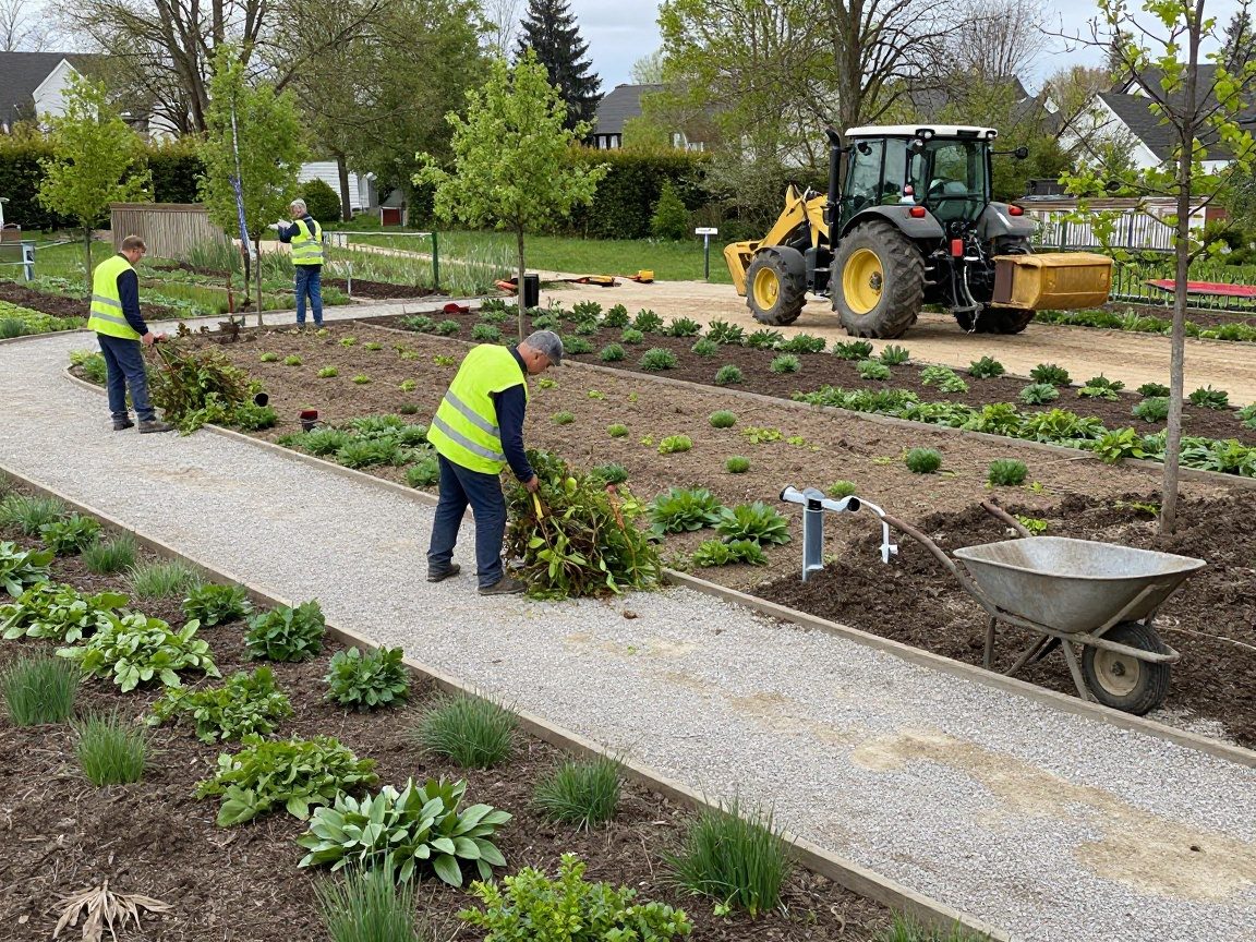 Landschaftsbau im Frühling: Team bei der Gestaltung eines Gartens Team von Landschaftsarbeitern in Sicherheitswesten räumt Vegetation auf, legt Kieswege an und pflanzt Bäume auf einem sanft geneigten Grundstück