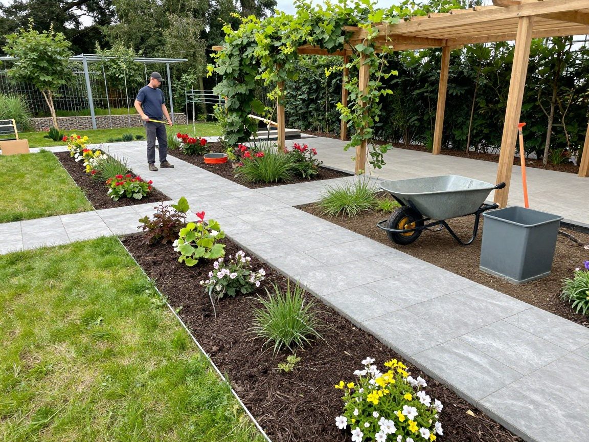 Breiter Blick auf einen deutschen Garten im Bau: Natursteinwege, frisch gepflanzte Blumenbeete und eine Holzwand mit Kletterpflanzen. Ein Landschaftsarchitekt hält ein Maßband, umgeben von Werkzeugen wie Spaten, Schubkarren und einem kleinen Kompostbehälter.