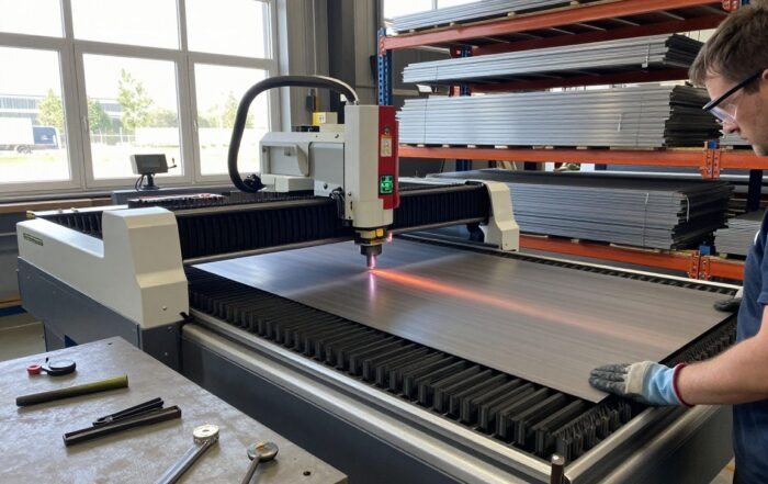 Laser-Schneidemaschine schneidet Stahlblech mit 0,1 mm Genauigkeit in einer modernen Werkstatt