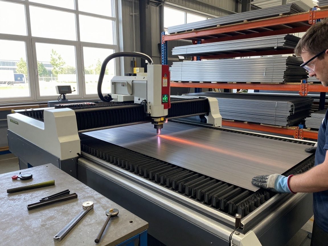 Laser-Schneidemaschine schneidet Stahlblech mit 0,1 mm Genauigkeit in einer modernen Werkstatt