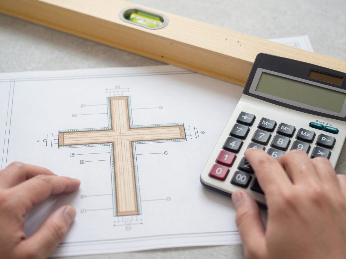 Hand hält Bauplan und Taschenrechner neben Holzquerschnittsdiagramm mit Lastenangaben