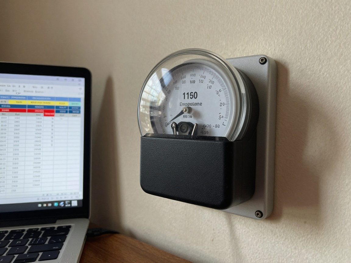 Nahaufnahme eines Stromzählers an einer Wand in einem deutschen Wohnzimmer mit geöffnetem Laptop und Tabellenkalkulation zur Verbrauchsaufstellung