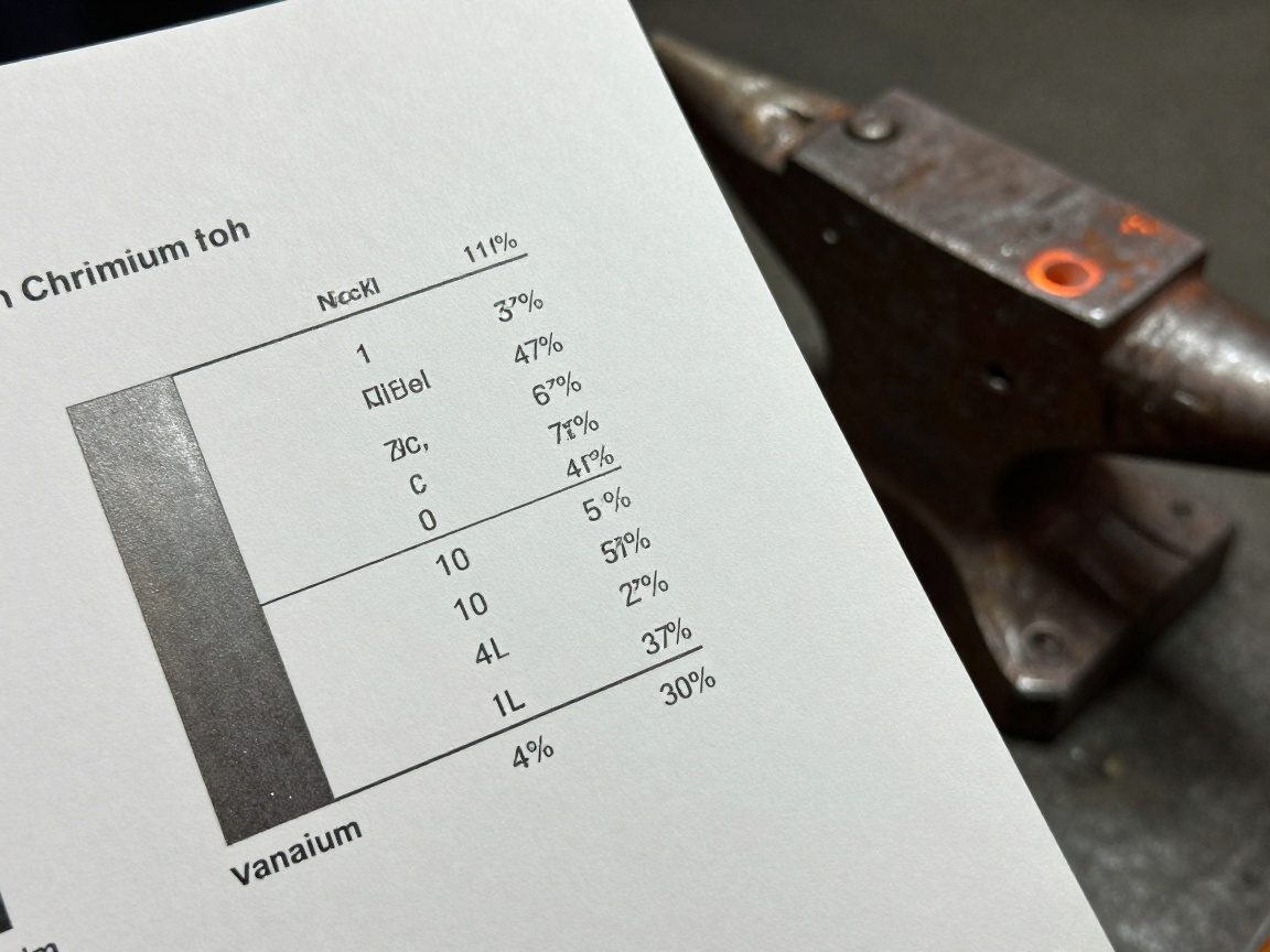 Nahaufnahme eines Metalllegierungsdiagramms, gehalten von einer Schmiedehand vor einem Amboss