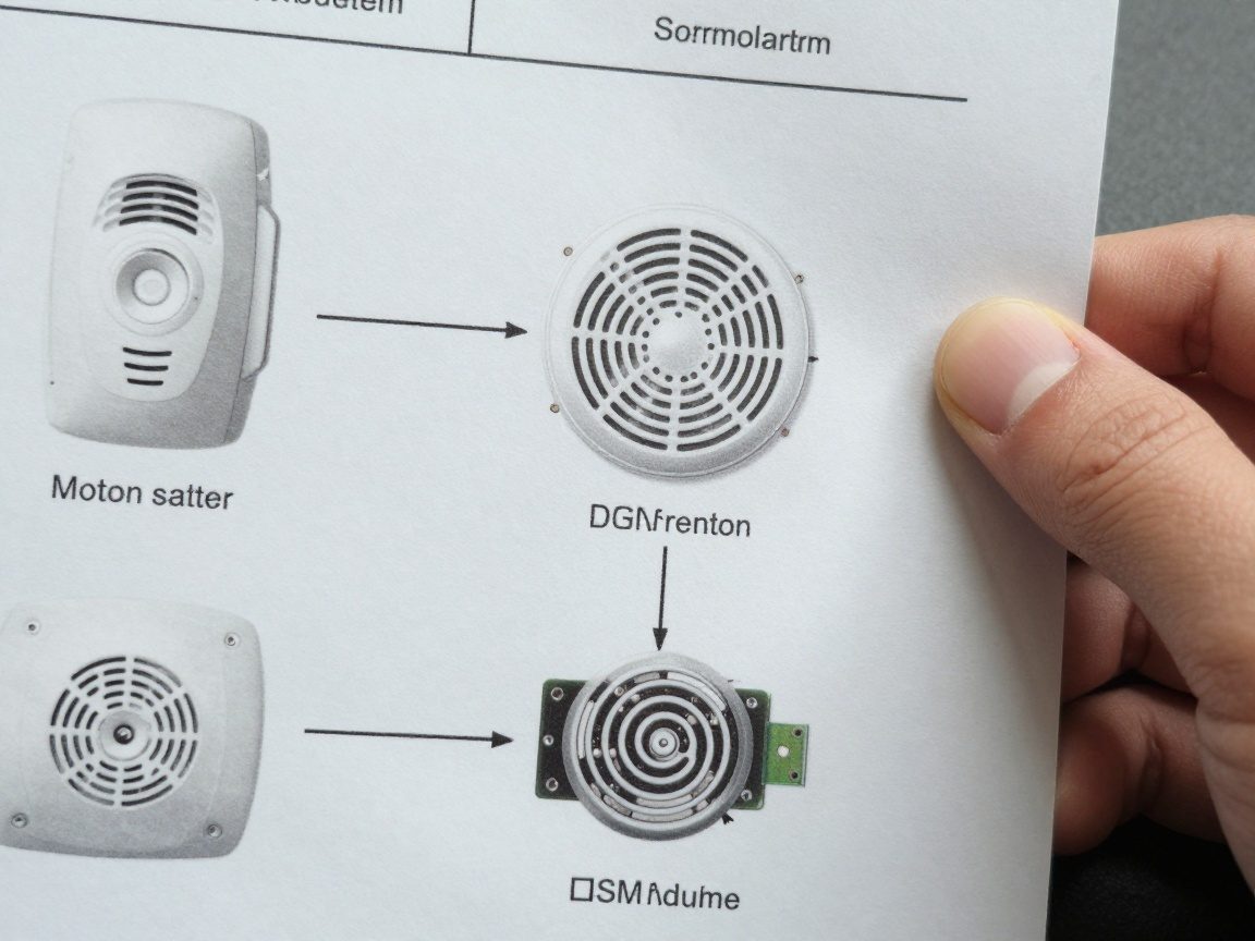 Nahaufnahme einer Hand, die ein gedrucktes Spezifikationsblatt mit beschrifteten Komponenten wie Bewegungsmelder, Türsensor, Sirene und GSM-Modul hält