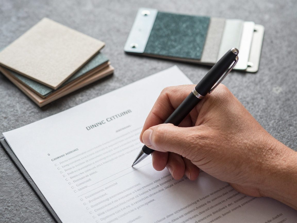 Kraftvoller Handwerker schreibt detaillierte Spezifikationen auf ein Dokument, umgeben von Stoffproben und Metallstreifen