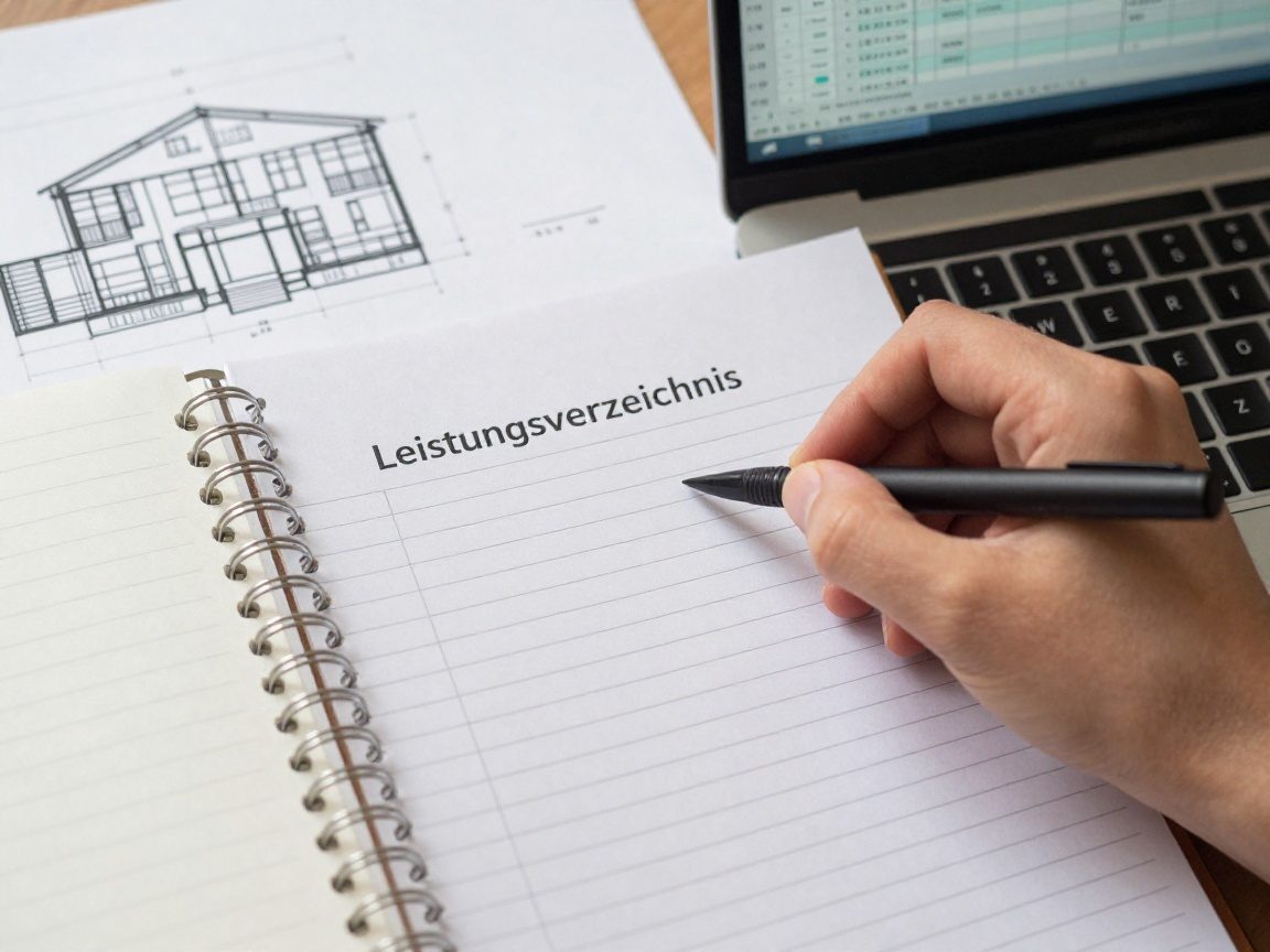 Detailaufnahme einer Hand, die auf einem Ledger mit dem Titel 'Leistungsverzeichnis' schreibt, umgeben von architektonischen Zeichnungen und einem Laptop mit Tabellenkalkulation