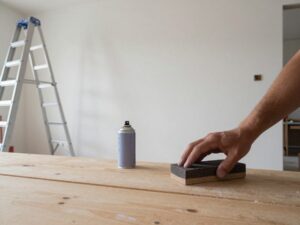 Hand hält Schleifblock auf Holzwand, neben Sprühdose und Malerleiter an Baustelle