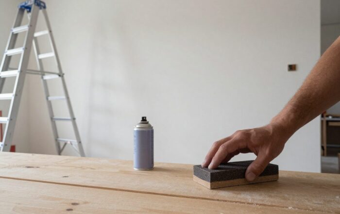 Hand hält Schleifblock auf Holzwand, neben Sprühdose und Malerleiter an Baustelle
