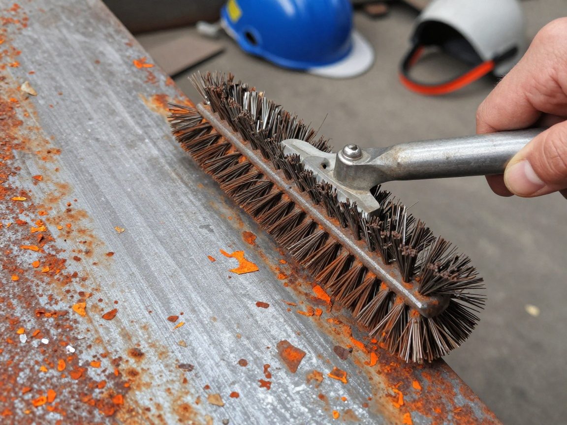 Mann hält eine Drahtbürste, die orange‑rote Rostflocken von einer grauen Stahloberfläche abkratzt – im Werkstattsetting mit Metallabfällen und Schutzausrüstung.