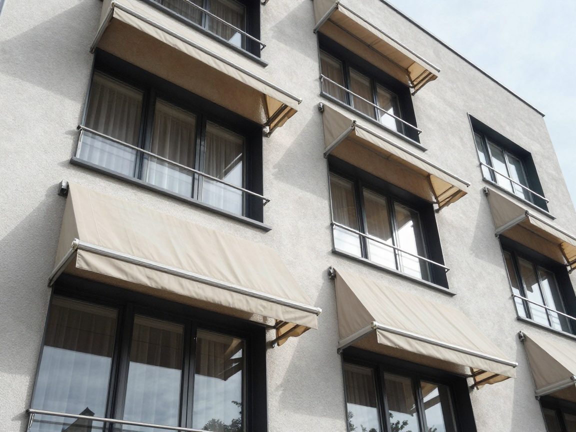 Weitwinkelaufnahme eines modernen deutschen Wohnhauses mit ausfahrbaren Markisen an den Fenstern, sichtbare Stoffstruktur und Metallrahmen im Sonnenlicht