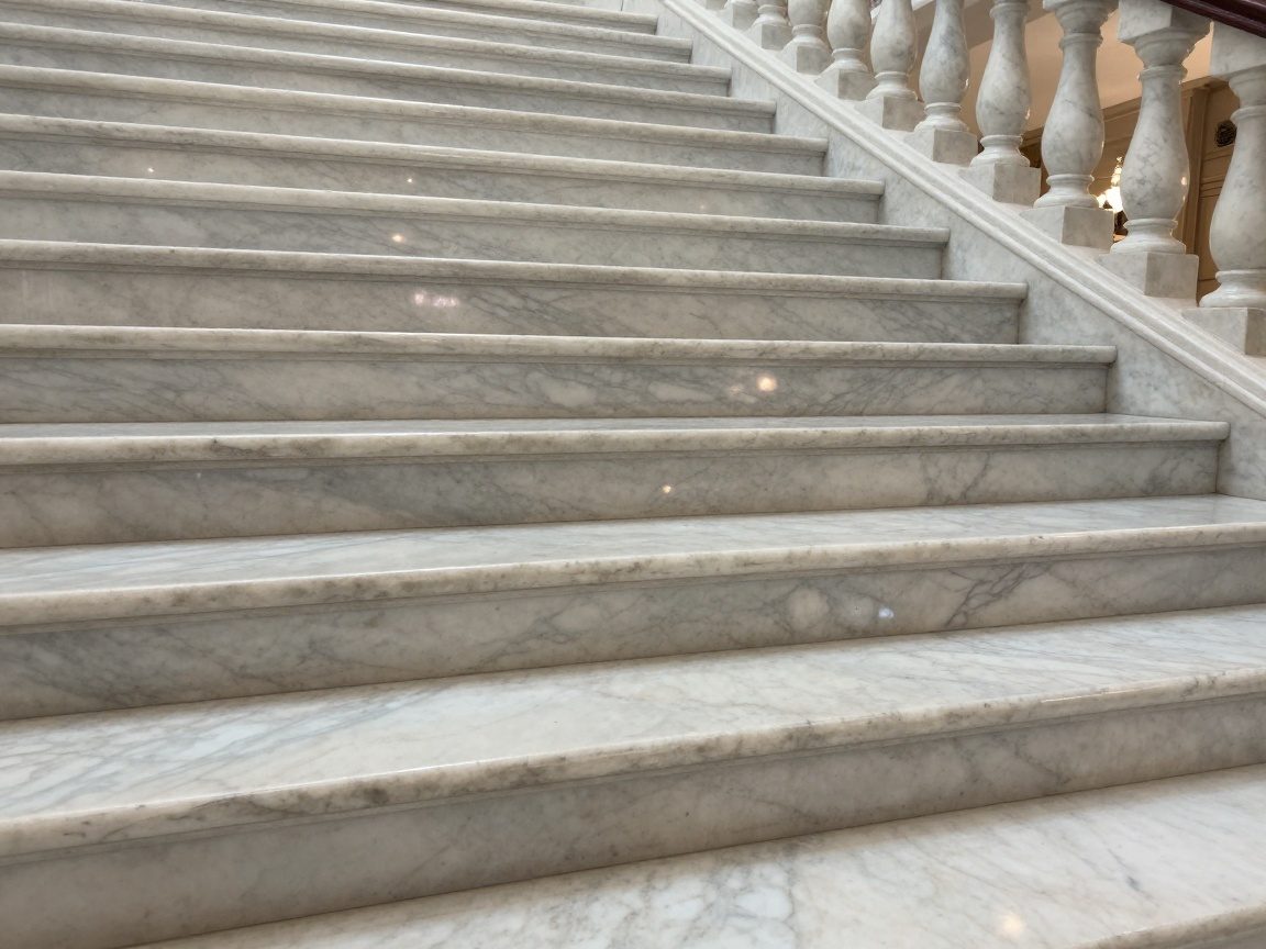 Innenansicht einer Marmortreppe in einem deutschen Denkmal mit polierten Stufen und natürlichem Licht