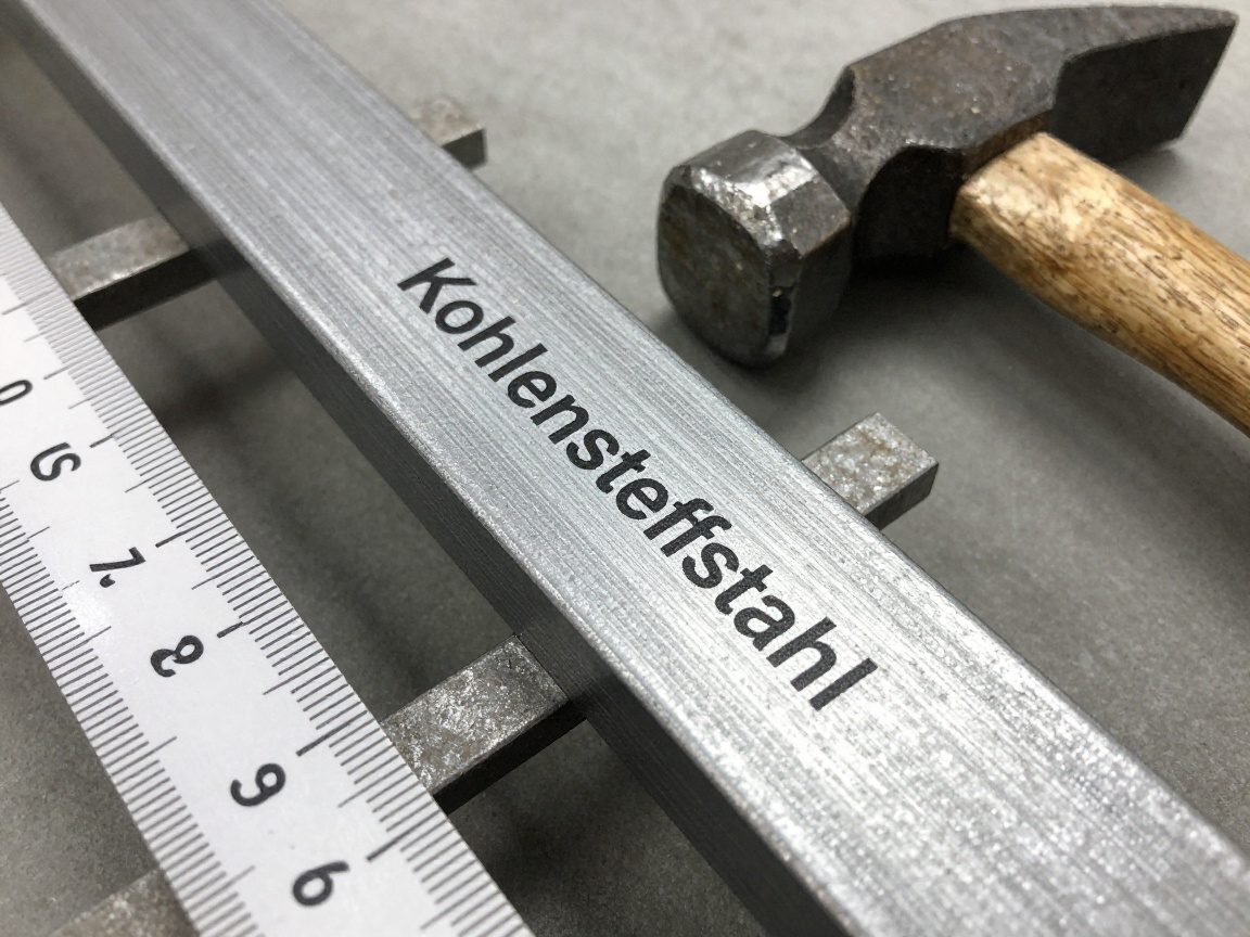 Nahaufnahme einer Stahlstange mit Beschriftung 'Kohlenstoffstahl', daneben Maßband und Hammer auf Metallregal
