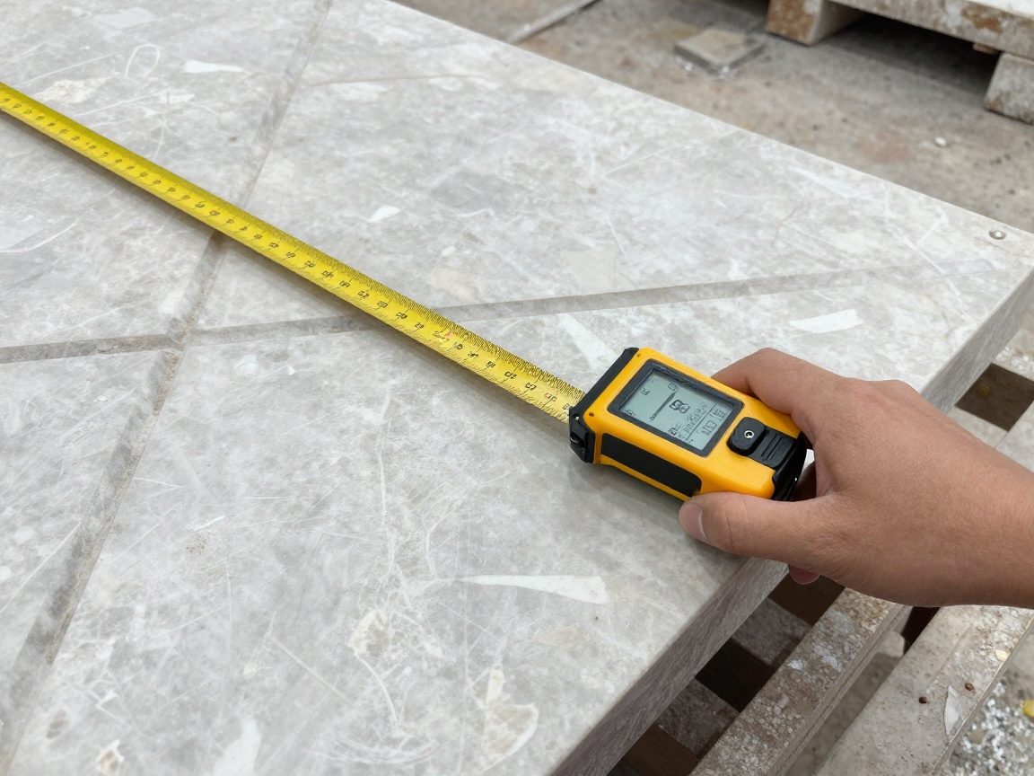 Marmorplatte wird mit einem Lasermessgerät vermessen; digitale CAD-Overlay zeigt Schnittmuster und Materialoptimierung