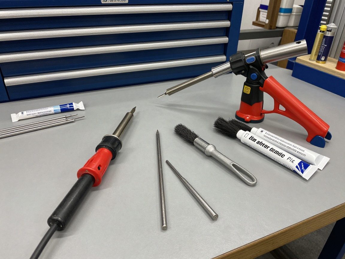 Arbeitsbank mit Lötkolben, Gasbrenner, Metallpinsel, Flussmittel und verschiedenen Lötarten – typische Werkstatt eines Spenglers in Deutschland