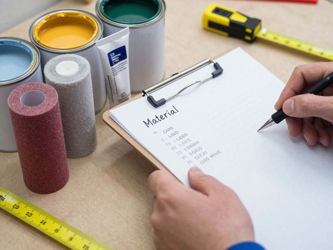 Nahaufnahme von Farbdosen, Grundierungstuben, Schleifpapierrollen und einer Maßskala auf einem Werkbanktisch, mit Hand eines Technikers, der ein Blatt mit Materialliste hält