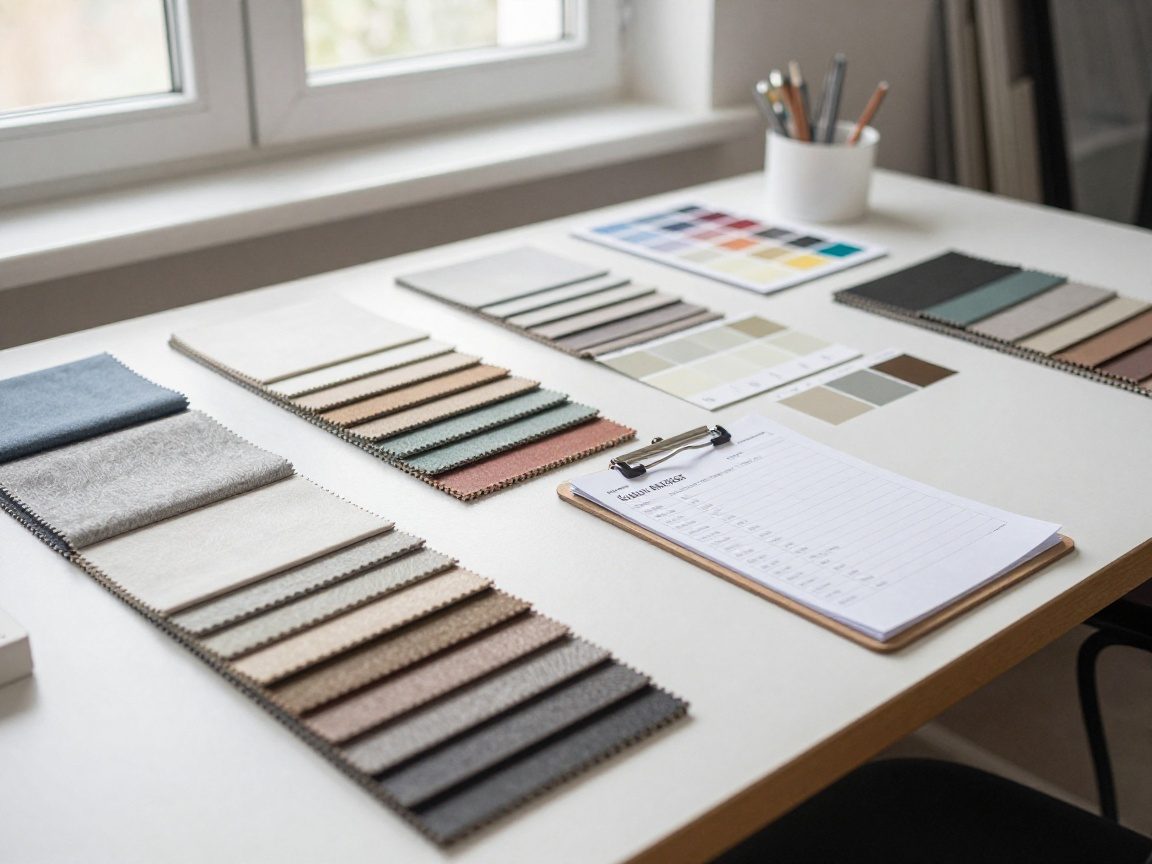 Innenausstatter arbeitet an einer Werkbank mit Stoffproben, Farbmuster und einem Clipboard für Materiallisten in natürlichem Licht