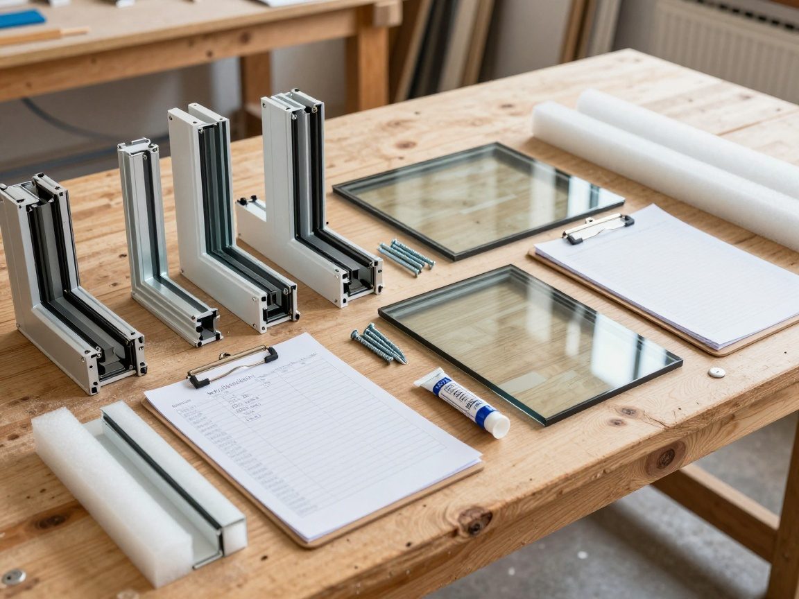 Nahaufnahme einer deutschen Holzwerkbank mit Aluminiumrahmen, Doppelverglasung, Dämmschaum, Schrauben und Dichtungsröhren sowie einem Handzettel mit Materialliste