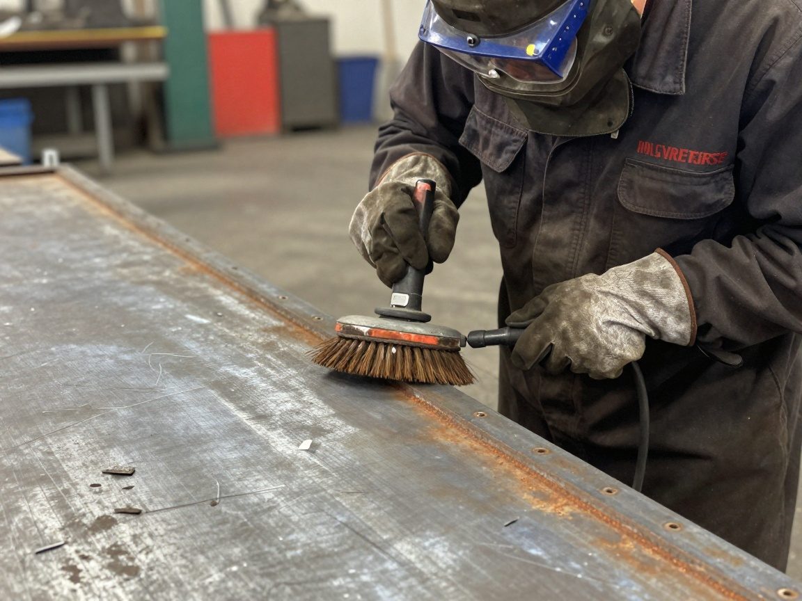 Schweißer nutzt eine Drahtbürste, um Rost von der Kante einer Stahlplatte zu entfernen – sichtbare Borsten und Metallspäne im Bild