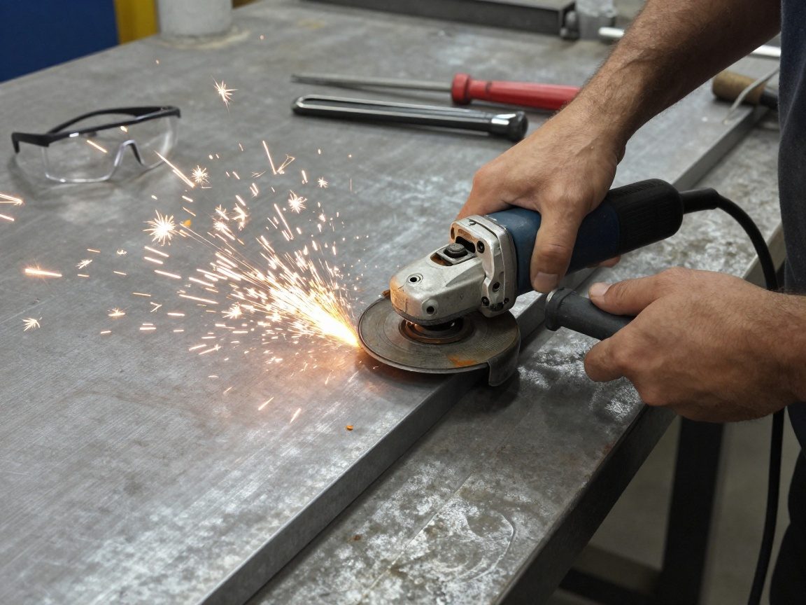 Sicherheitsbrille trägt ein Handwerker, während er einen pneumatischen Winkelschleifer auf einer großen Stahlplatte benutzt und Funken sprühen.