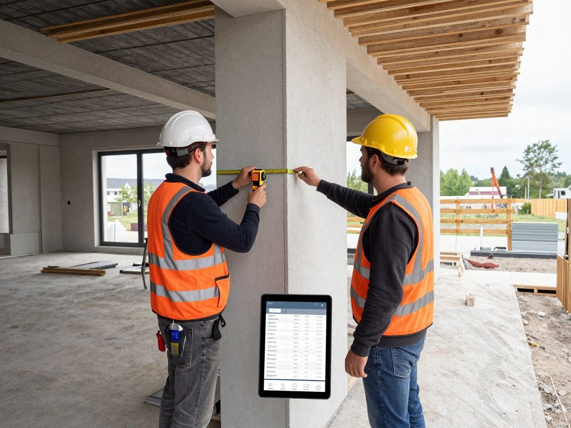 Bauarbeiter messen eine Fassadensektion mit einem Lasermessgerät, daneben ein Tablet mit Mengenberechnung und Stückpreisen für Fassadenpaneele.