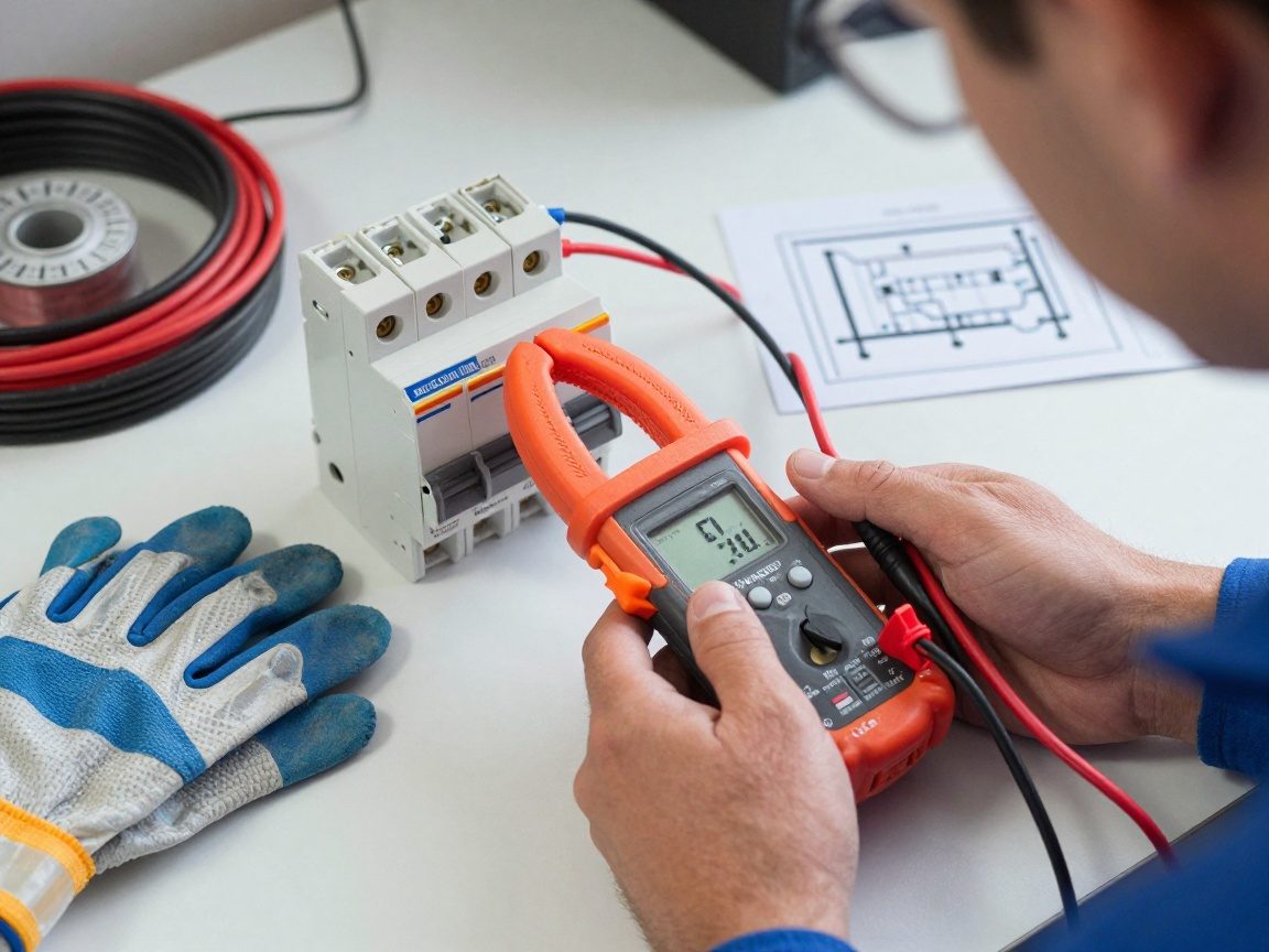 Elektriker verbindet ein digitales Stromzangenmessgerät mit dem Live-Terminal eines FI-Schutzschalters auf einer sauberen Werkbank