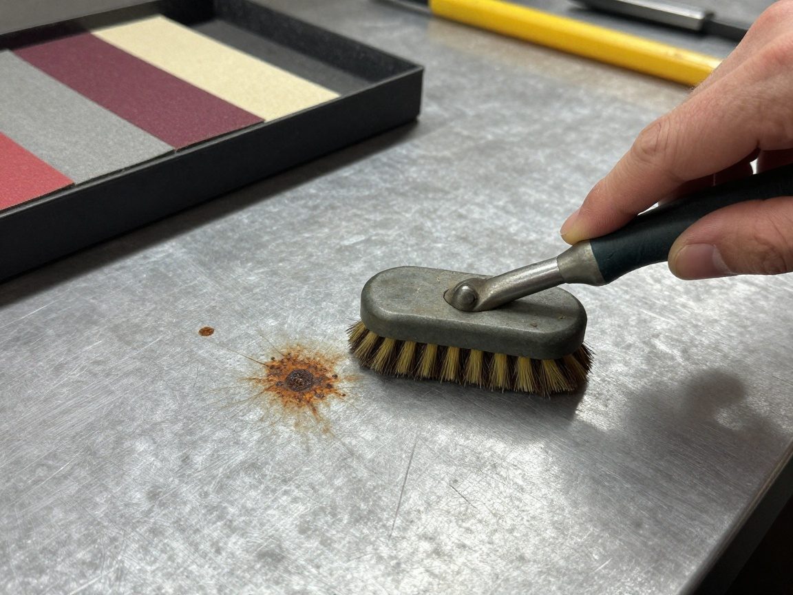 Detailaufnahme einer rostigen Metallschicht, Hand hält Drahtbürste, Hintergrund Werkzeugkasten und Schleifpapier in realistischer Werkstatt