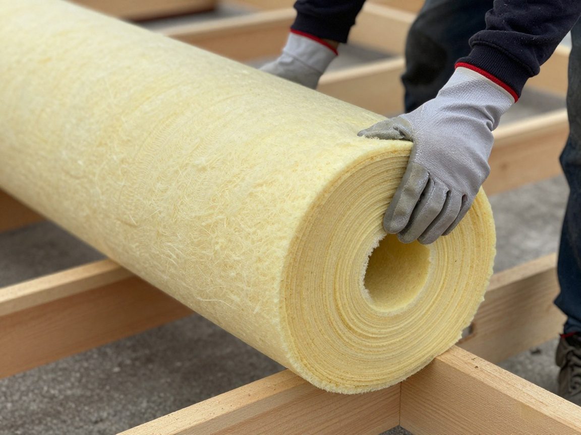 Arbeiter hält Mineralwollrollen an einem Dachbalken, zeigt die faserige Textur und Handschuhe