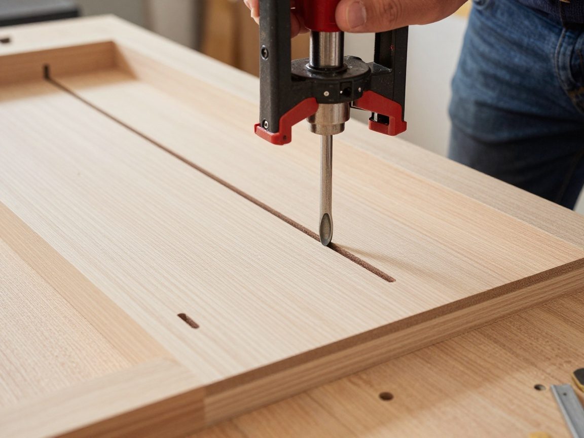 Kraftwerker nutzt Flachdübel-Drucker, um einen ovalen Flachdübel in eine vorgefertigte Nut eines Holzpaneels einzusetzen