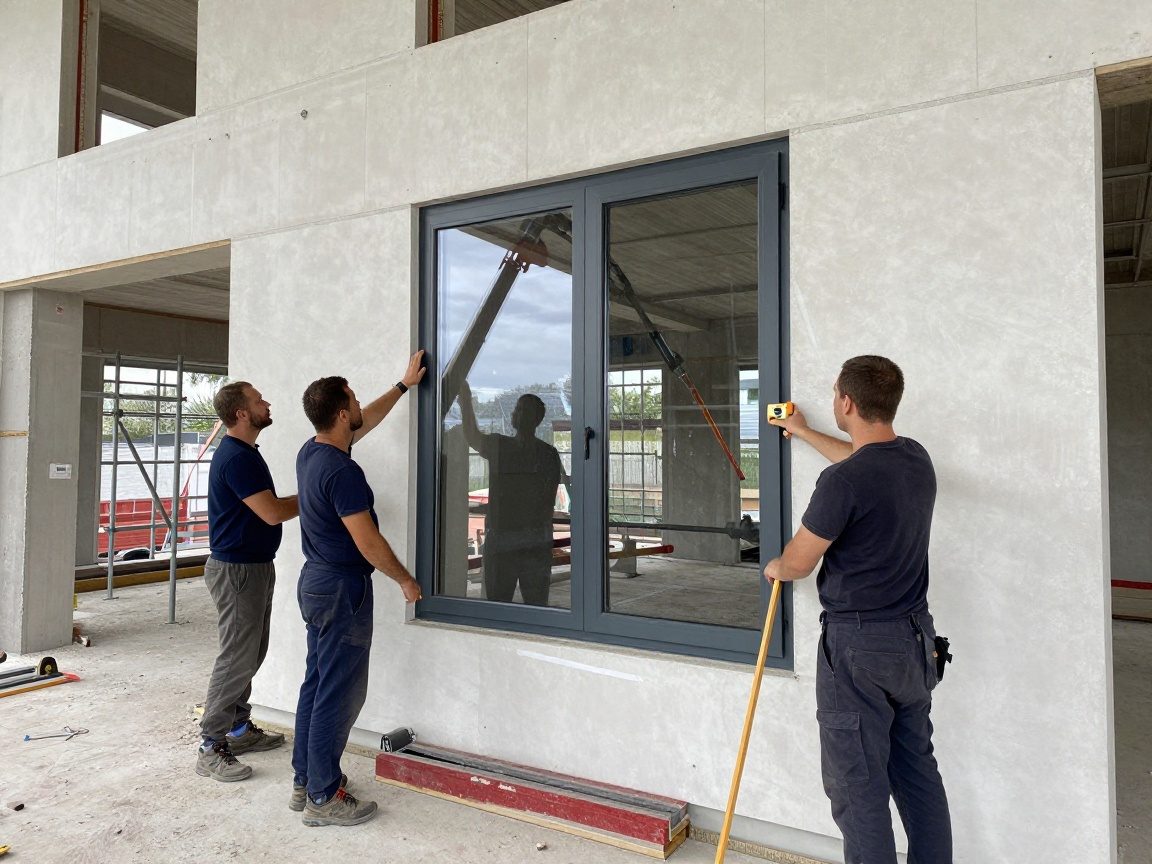 Arbeiter installieren ein großes Doppelverglasfenster an einer Gebäudewand mit Hydrauliklift und Handwerkzeugen in Deutschland
