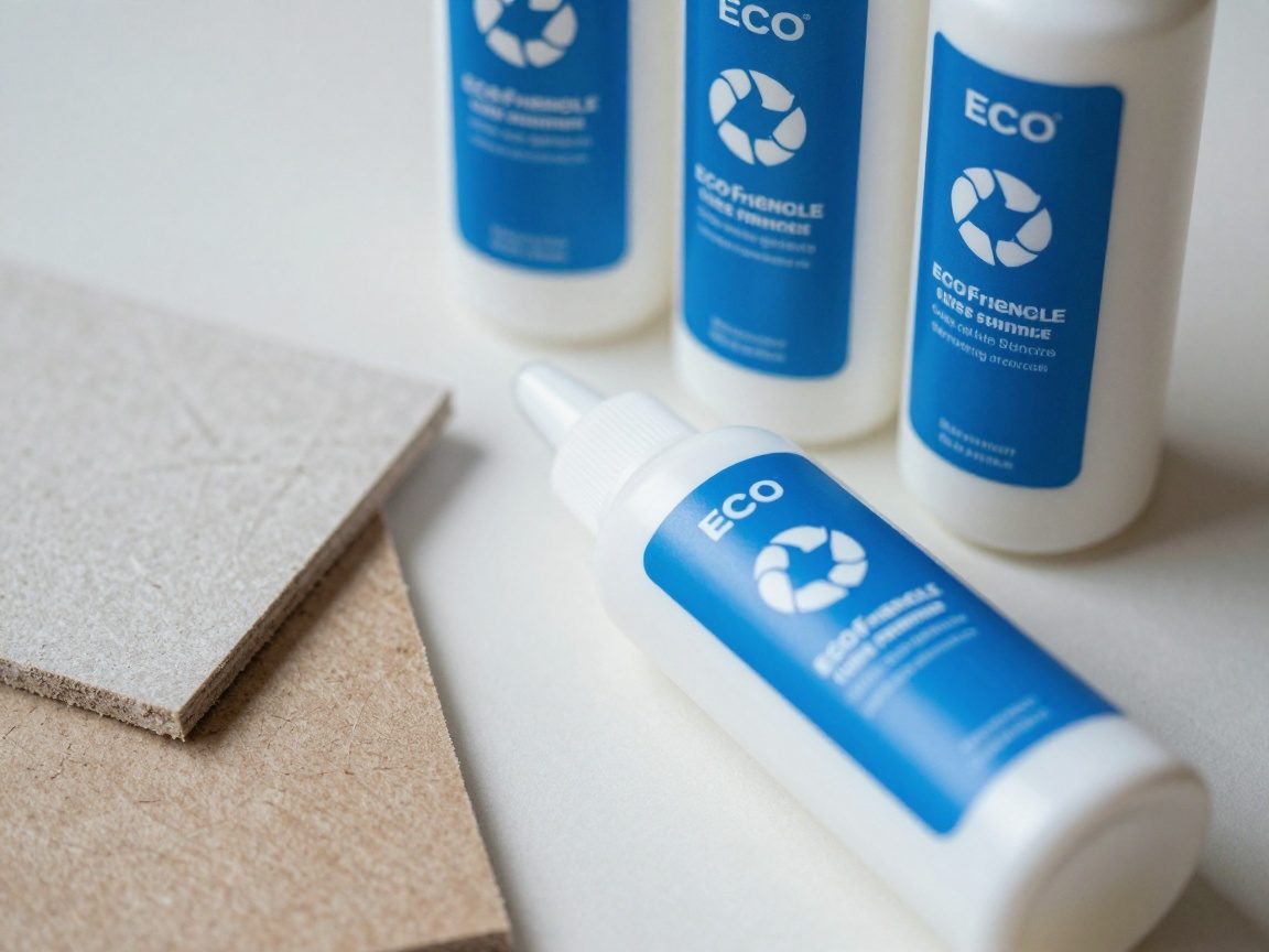 Nahaufnahme von umweltfreundlichen Flüssigabdichtungsflaschen mit blauen Umweltetiketten auf einer sauberen Arbeitsfläche neben recycelten Materialproben