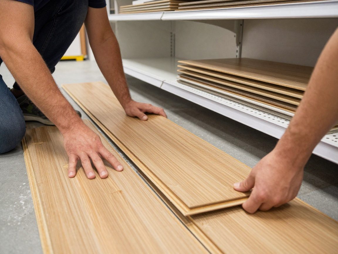 Handwerker installieren Bambusfußboden und recycelte Kunststoffregale in einem modernen Einzelhandelsraum