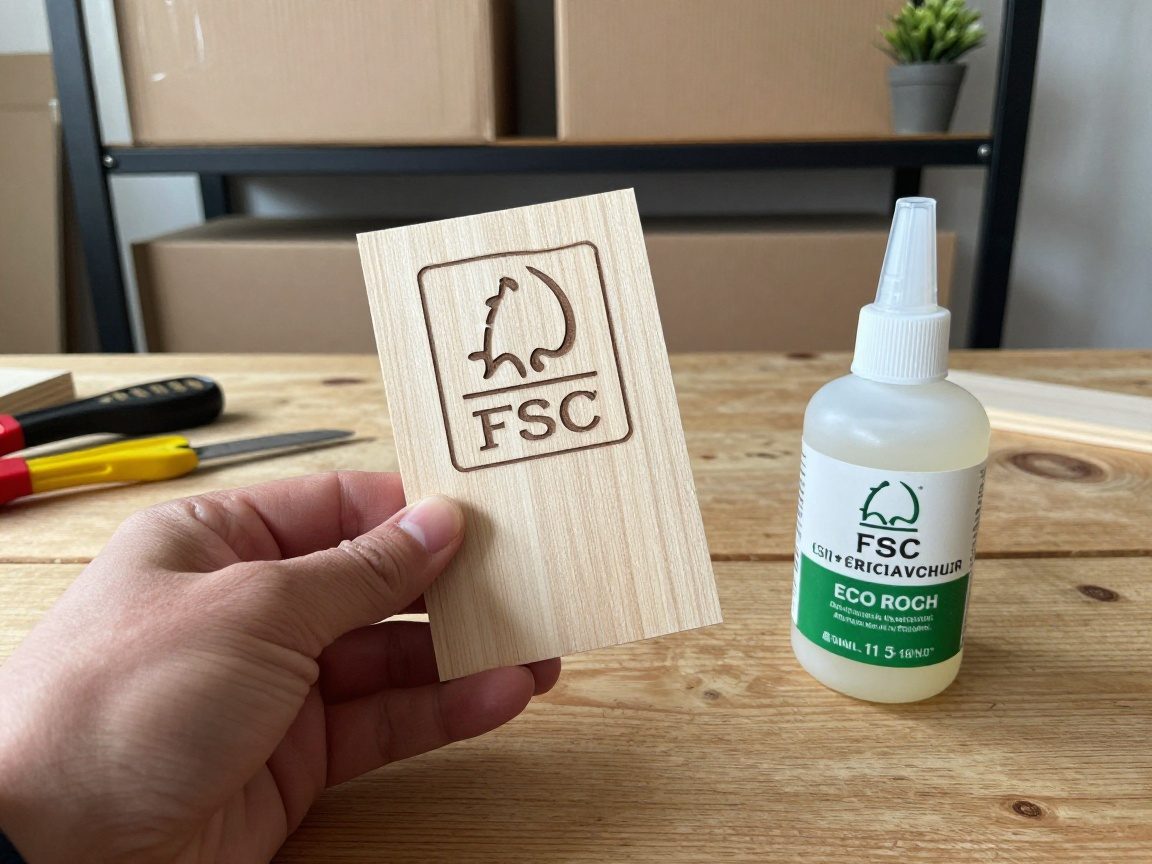 Schreiner hält FSC-zertifiziertes Holzstück neben einer umweltfreundlichen Lackflasche auf einem Holztisch, mit recycelten Kartons und einer Pflanze im Hintergrund